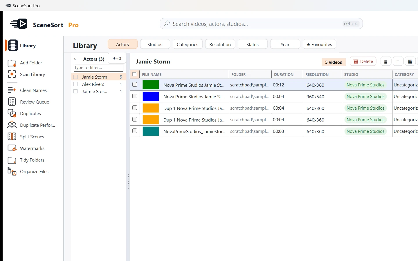 The SceneSort Pro library view — a large local video collection, organised and searchable